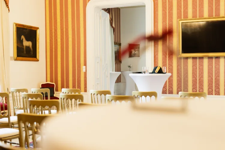Das Bild zeigt ein Steigbügel auf einem Hochtisch und im Hintergrund eine Theaterbestuhlung